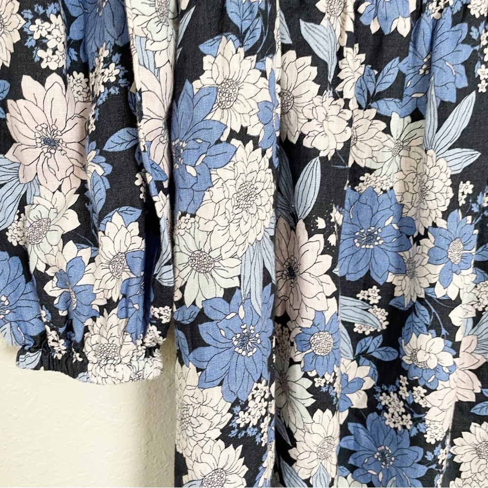 J Crew blue linen daydream zinnia floral smocked 3/4 sleeve dress L Tall - Picture 6 of 15
